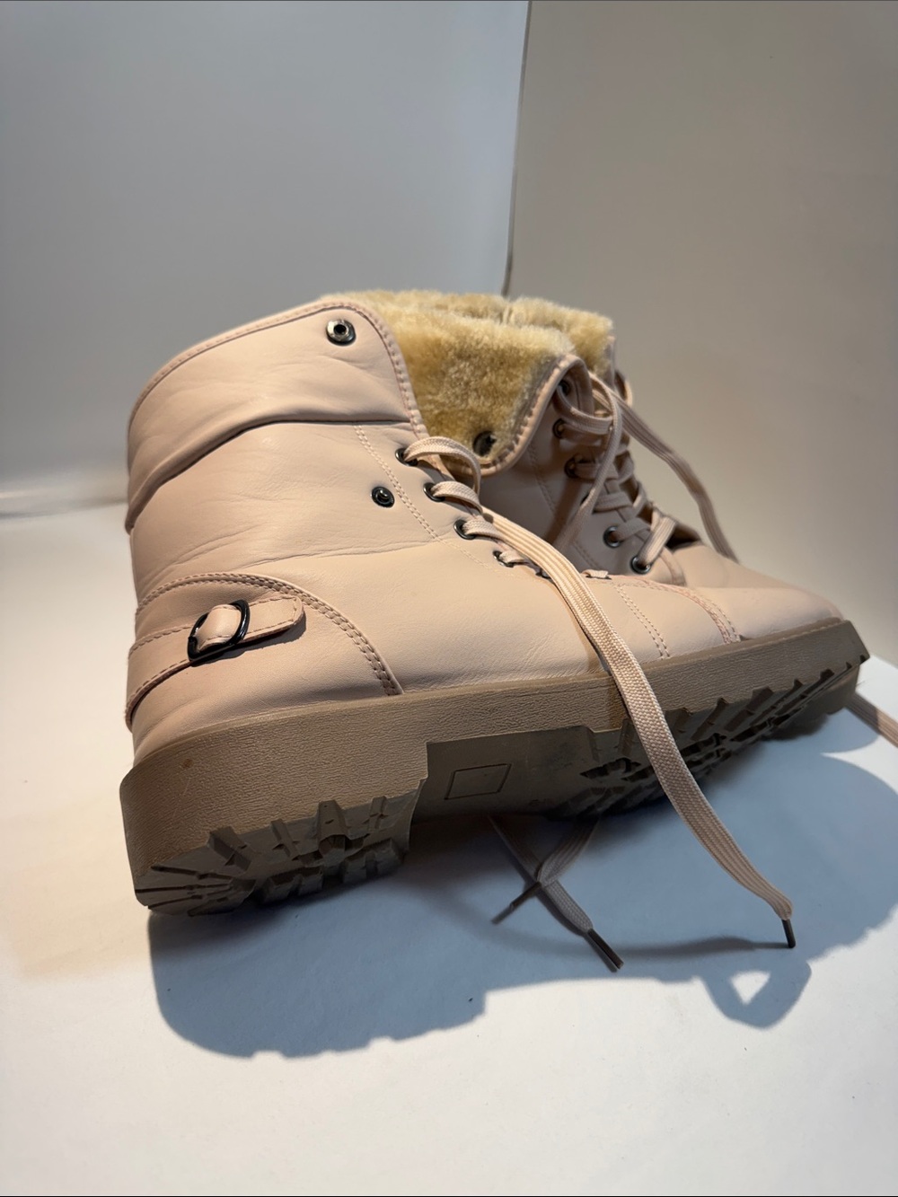 Olivia Miller Beige Lace-Up Faux Fur Combat Boots